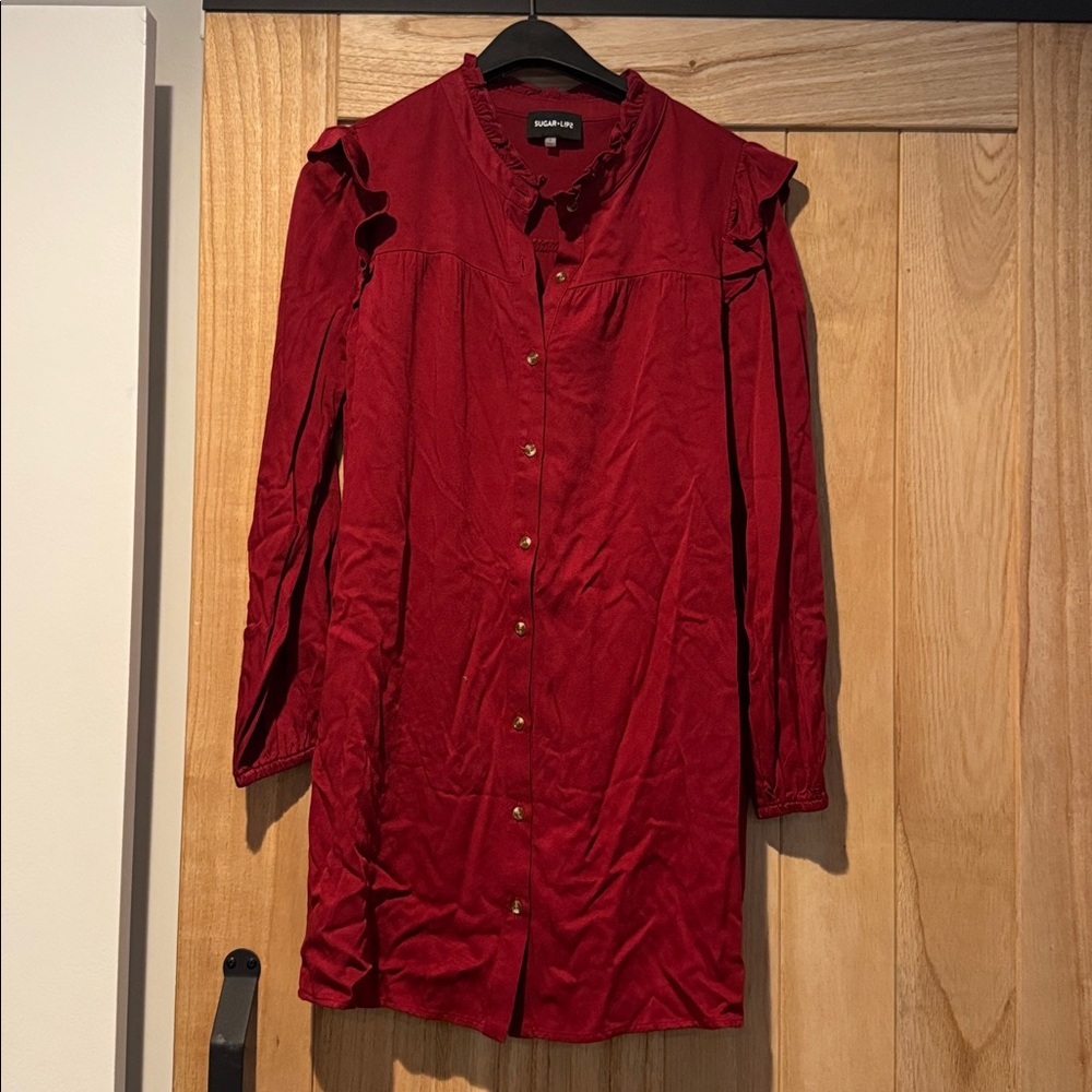 Sugar+Lips Red Cottage Button Casual Boho Peasant Minimalist Dress Size Small